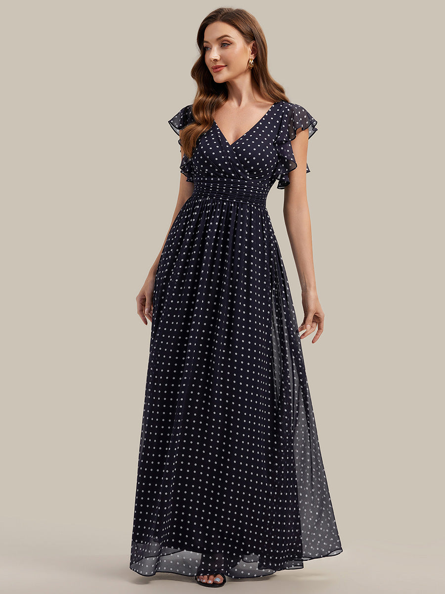 Color=Navy blue polka dots | V Neck Pleated Belted Ruffles Wholesale Bridesmaid Dresses-Navy blue polka dots 4