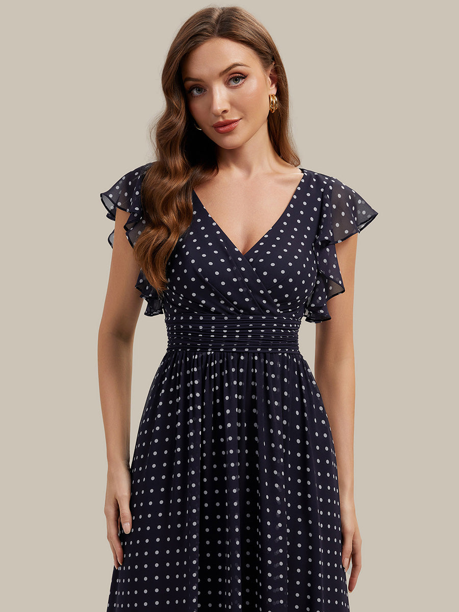 Color=Navy blue polka dots | V Neck Pleated Belted Ruffles Wholesale Bridesmaid Dresses-Navy blue polka dots 5