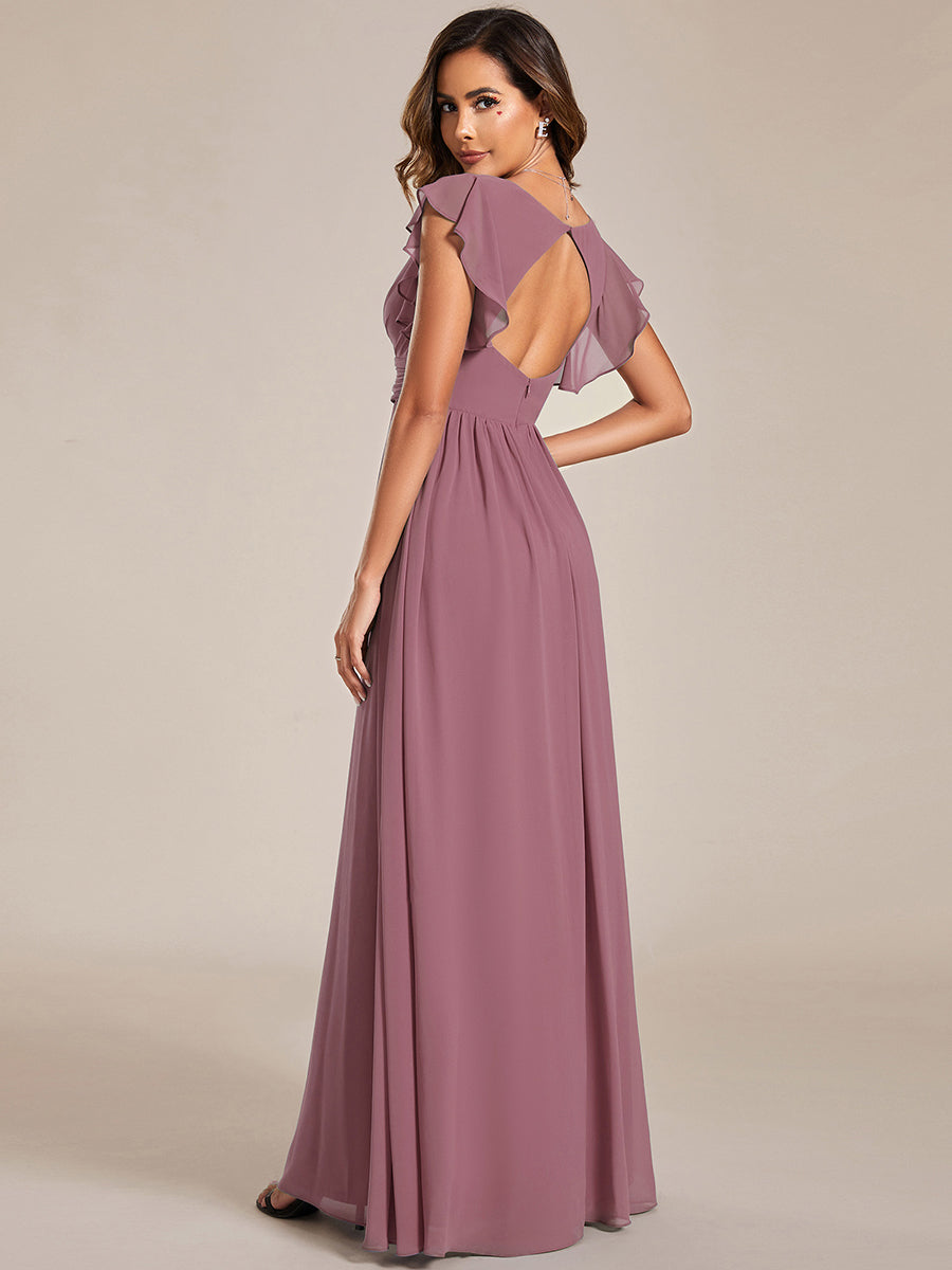 Color=Purple Orchid | V Neck Pleated Belted Ruffles Wholesale Bridesmaid Dresses - ES01818 Iterated-Purple Orchid 2