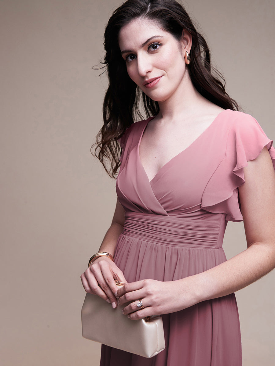 Color=Purple Orchid | V Neck Pleated Belted Ruffles Wholesale Bridesmaid Dresses - ES01818 Iterated-Purple Orchid 5