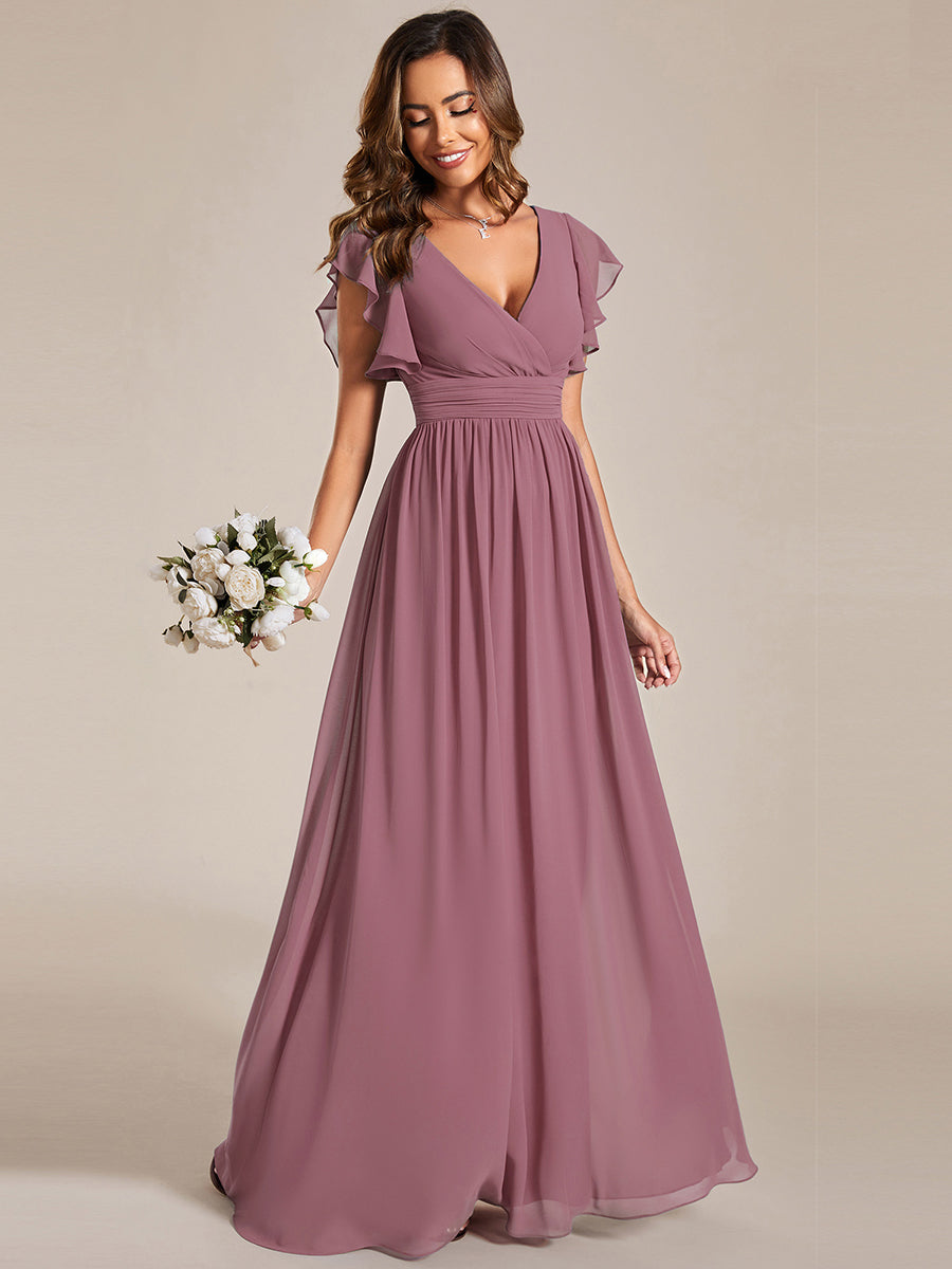 Color=Purple Orchid | V Neck Pleated Belted Ruffles Wholesale Bridesmaid Dresses - ES01818 Iterated-Purple Orchid 3