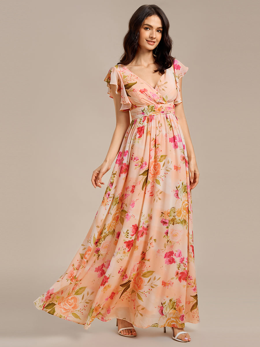 Color=Peach Fuzz | V Neck Pleated Belted Ruffles Wholesale Bridesmaid Dresses-Peach Fuzz 50