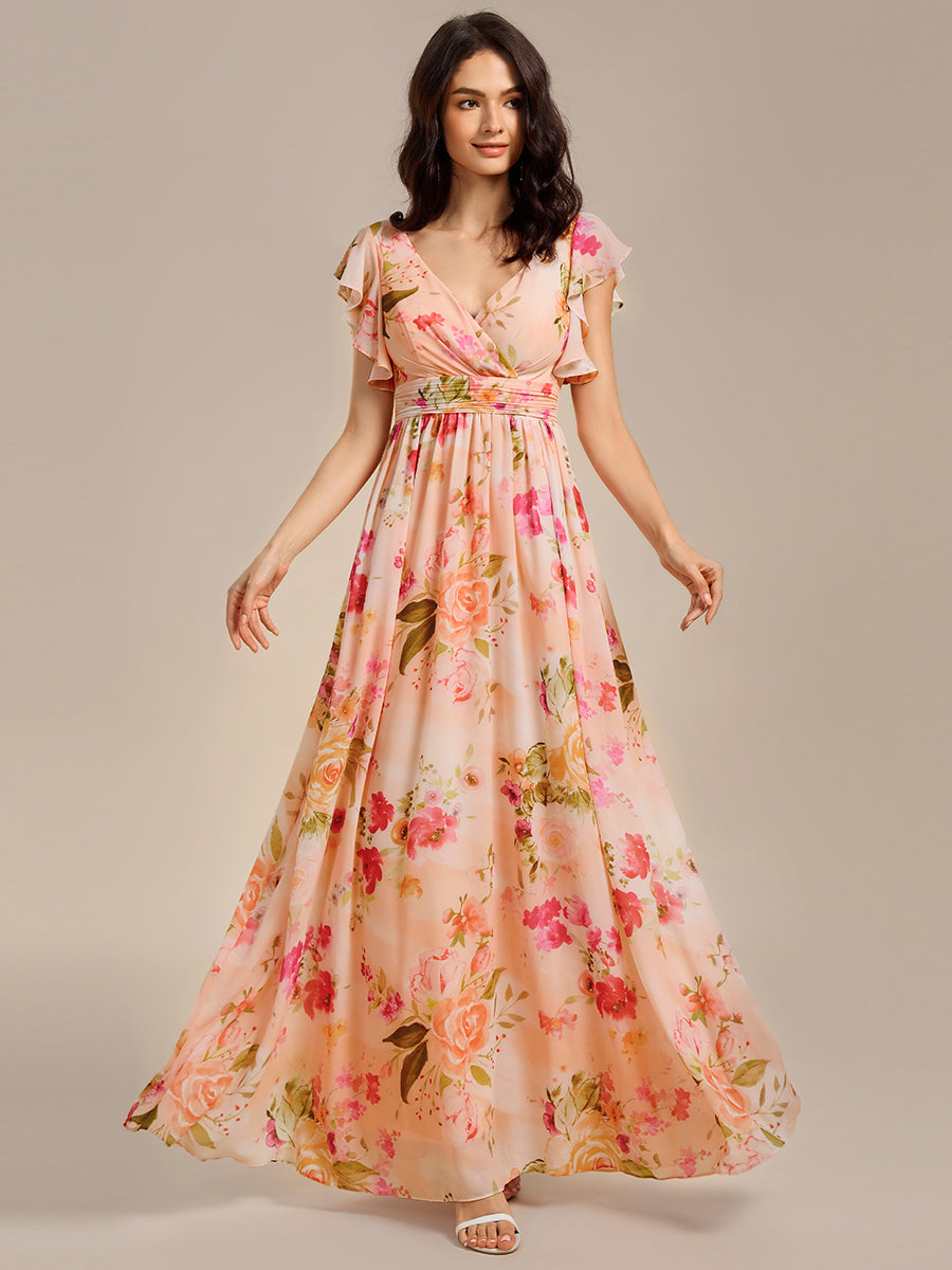 Color=Peach Fuzz | V Neck Pleated Belted Ruffles Wholesale Bridesmaid Dresses-Peach Fuzz 54