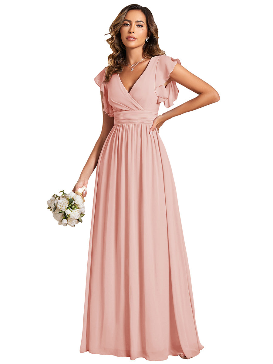 Color=Pink | V Neck Pleated Belted Ruffles Wholesale Bridesmaid Dresses - ES01818 Iterated-Pink 2