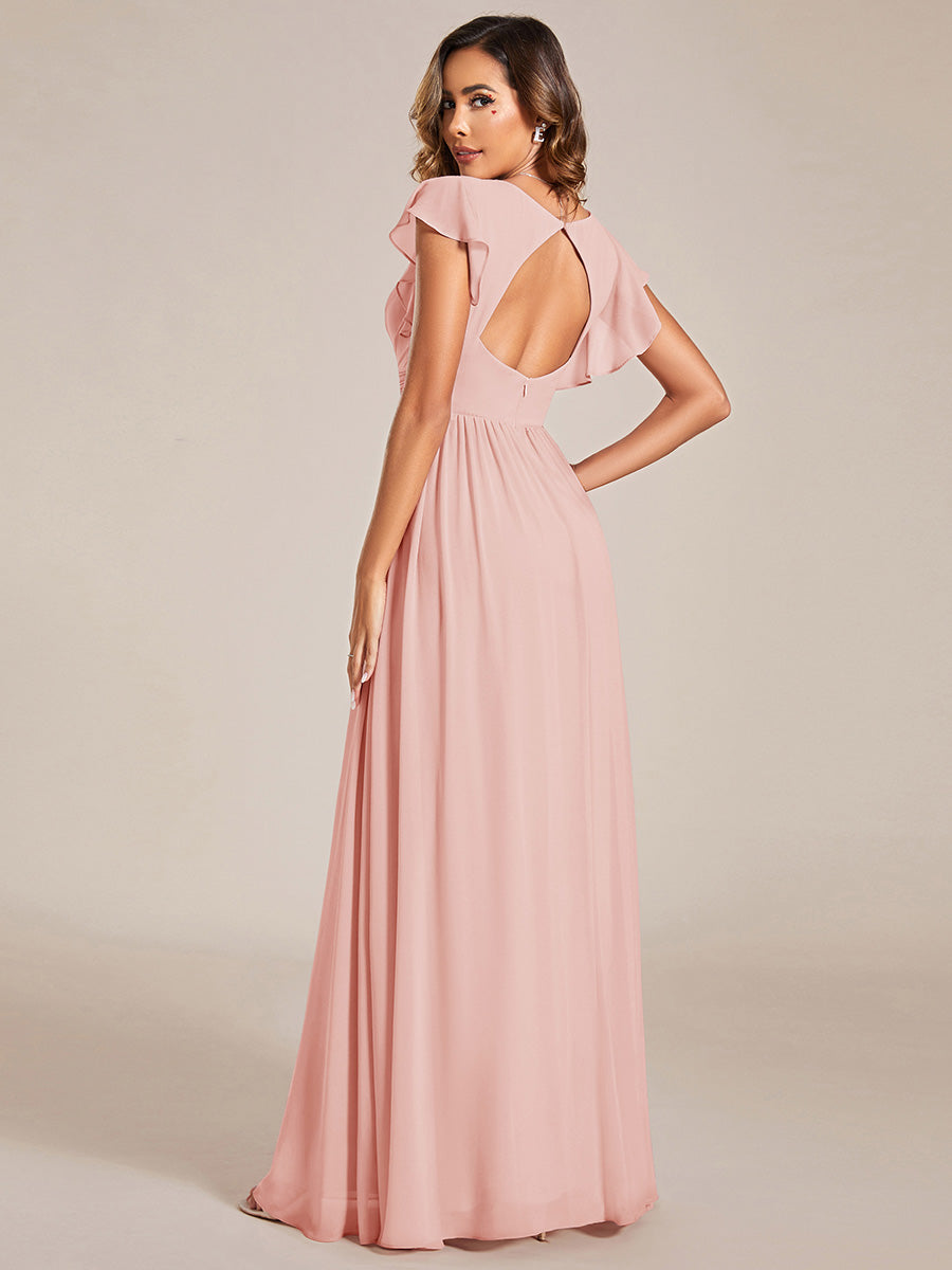 Color=Pink | V Neck Pleated Belted Ruffles Wholesale Bridesmaid Dresses - ES01818 Iterated-Pink 4