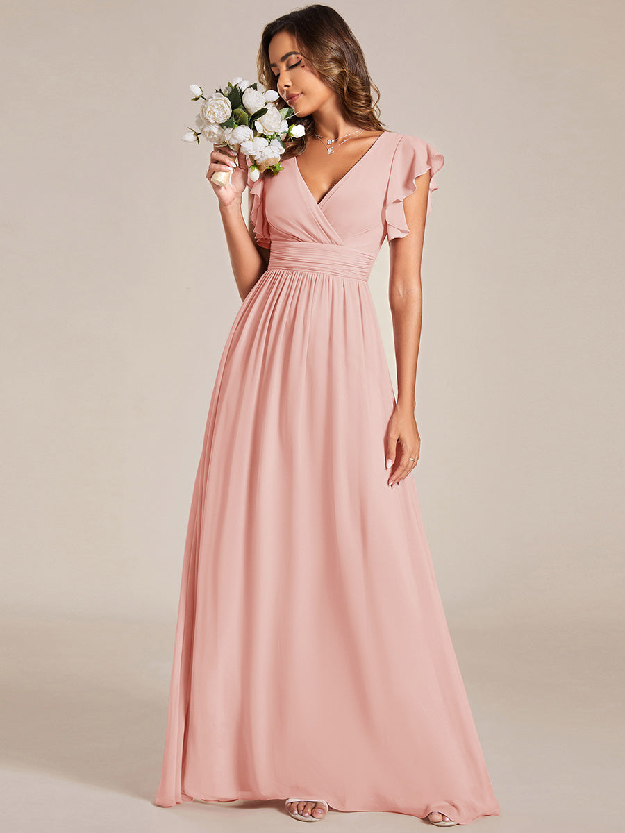 Color=Pink | V Neck Pleated Belted Ruffles Wholesale Bridesmaid Dresses - ES01818 Iterated-Pink 5