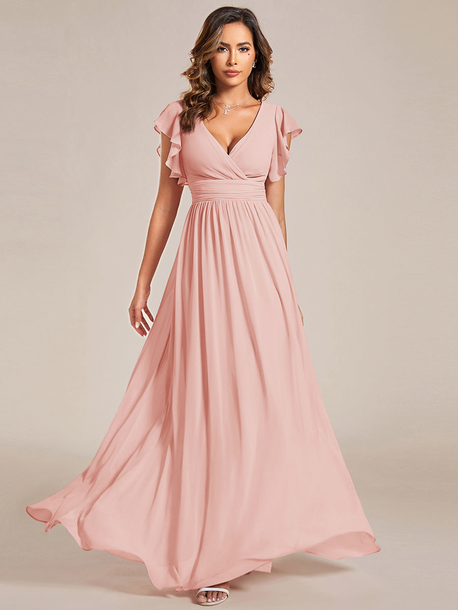 Color=Pink | V Neck Pleated Belted Ruffles Wholesale Bridesmaid Dresses - ES01818 Iterated-Pink 6