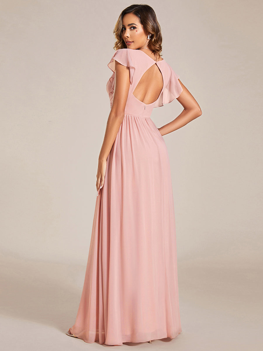 Color=Pink | V Neck Pleated Belted Ruffles Wholesale Bridesmaid Dresses - ES01818 Iterated-Pink 9