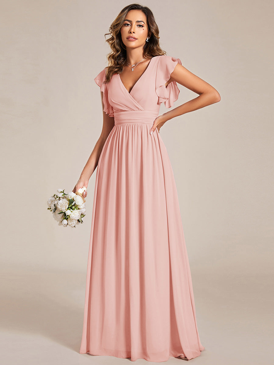 Color=Pink | V Neck Pleated Belted Ruffles Wholesale Bridesmaid Dresses - ES01818 Iterated-Pink 1