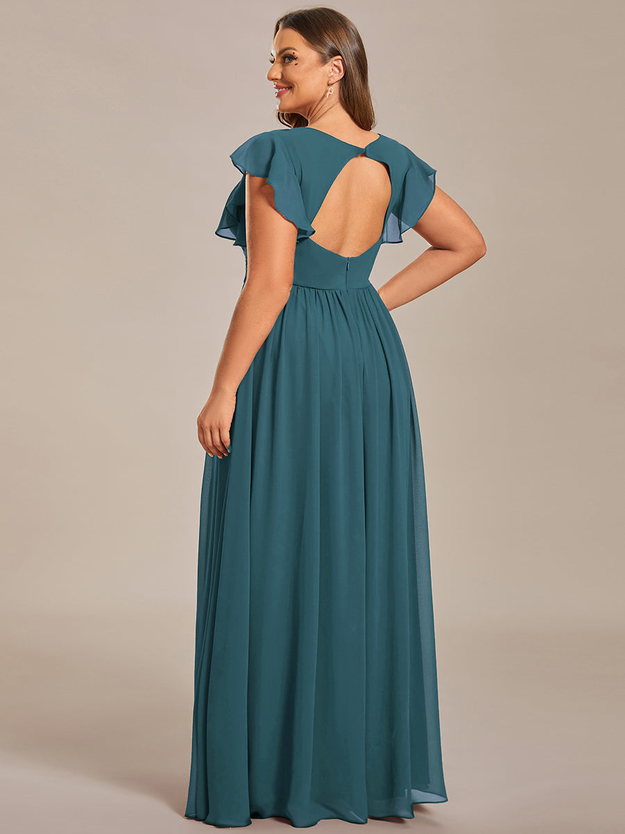 Color=Teal | B2B-Exclusive Short Sleeve Ruffle Pleated V-Neck Backless A-Line Floor Length Bridesmaid Dresses-Teal 7