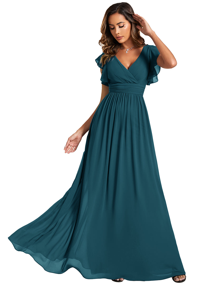 Color=Teal | V Neck Pleated Belted Ruffles Wholesale Bridesmaid Dresses - ES01818 Iterated-Teal 2