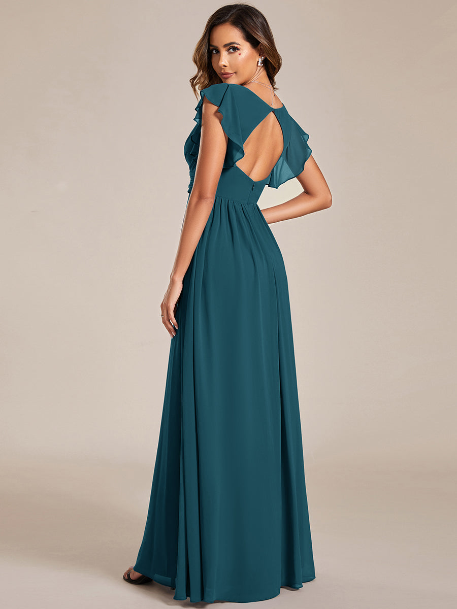 Color=Teal | V Neck Pleated Belted Ruffles Wholesale Bridesmaid Dresses - ES01818 Iterated-Teal 3