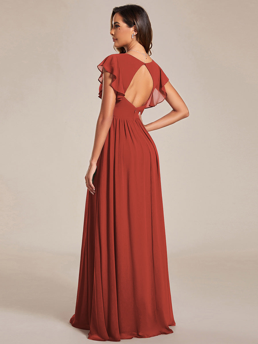Color=Vermilion | V Neck Pleated Belted Ruffles Wholesale Bridesmaid Dresses - ES01818 Iterated-Vermilion 2