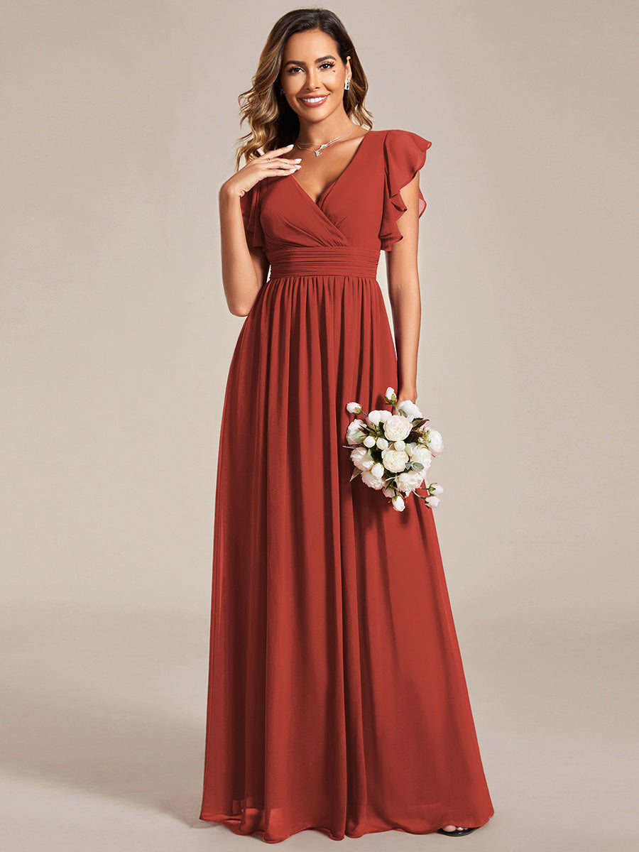 Color=Vermilion | V Neck Pleated Belted Ruffles Wholesale Bridesmaid Dresses - ES01818 Iterated-Vermilion 1