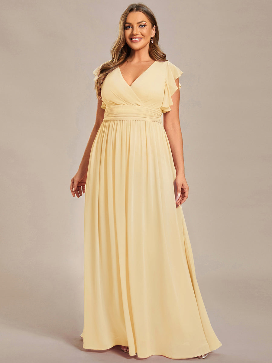 Color=Yellow | Bulk Order Short Sleeve Ruffle V-Neck Pleated Backless A-Line Floor Length Bridesmaid Dresses-Yellow 11