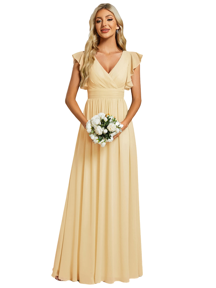 Color=Yellow | V Neck Pleated Belted Ruffles Wholesale Bridesmaid Dresses - ES01818 Iterated-Yellow 2