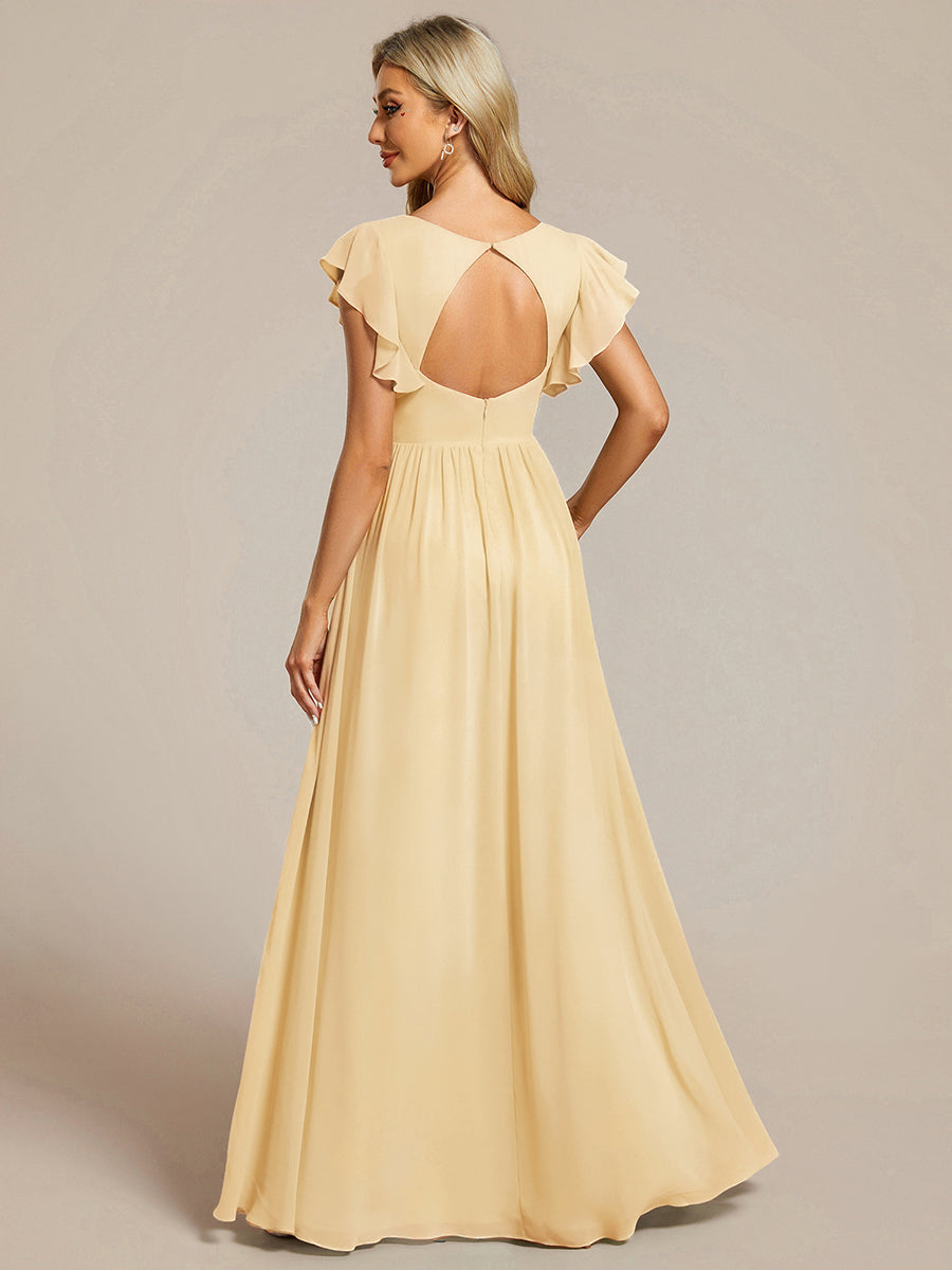 Color=Yellow | Bulk Order Short Sleeve Ruffle V-Neck Pleated Backless A-Line Floor Length Bridesmaid Dresses-Yellow 12