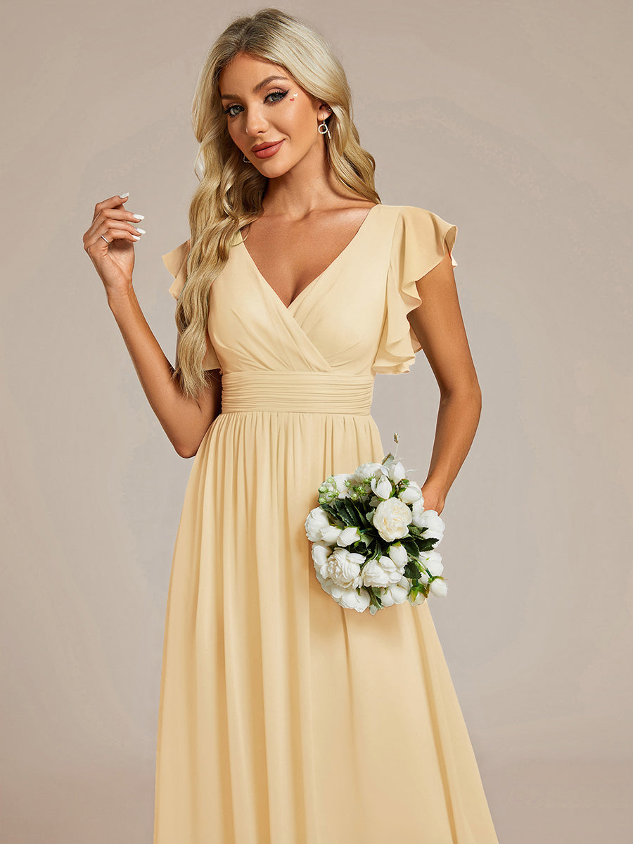 Color=Yellow | Bulk Order Short Sleeve Ruffle V-Neck Pleated Backless A-Line Floor Length Bridesmaid Dresses-Yellow 13
