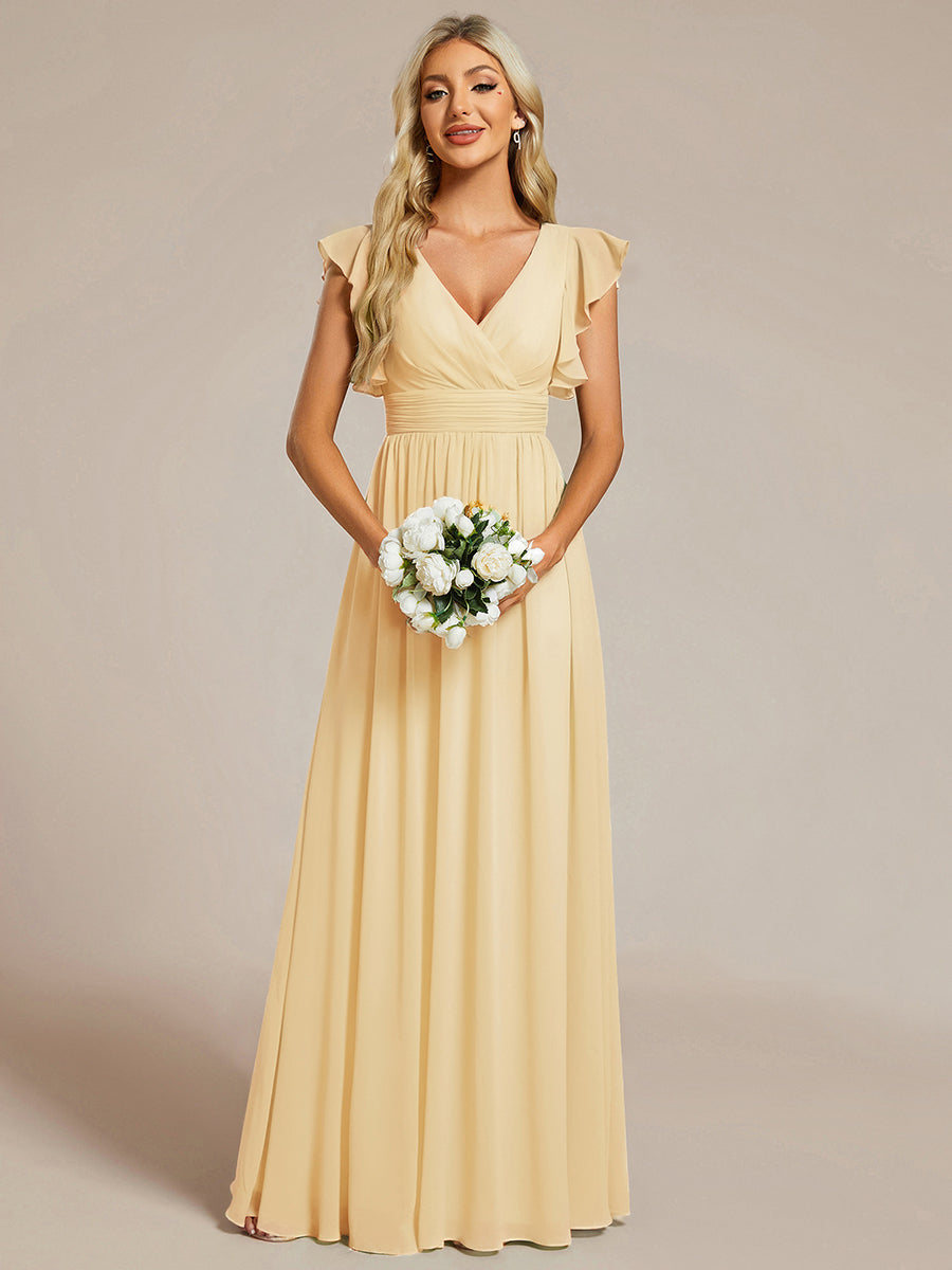 Color=Yellow | V Neck Pleated Belted Ruffles Wholesale Bridesmaid Dresses - ES01818 Iterated-Yellow 1