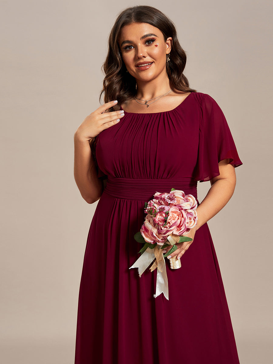 Color=Burgundy | Plus Round Neck Pleated Wholesale Bridesmaid Dresses-Burgundy 5