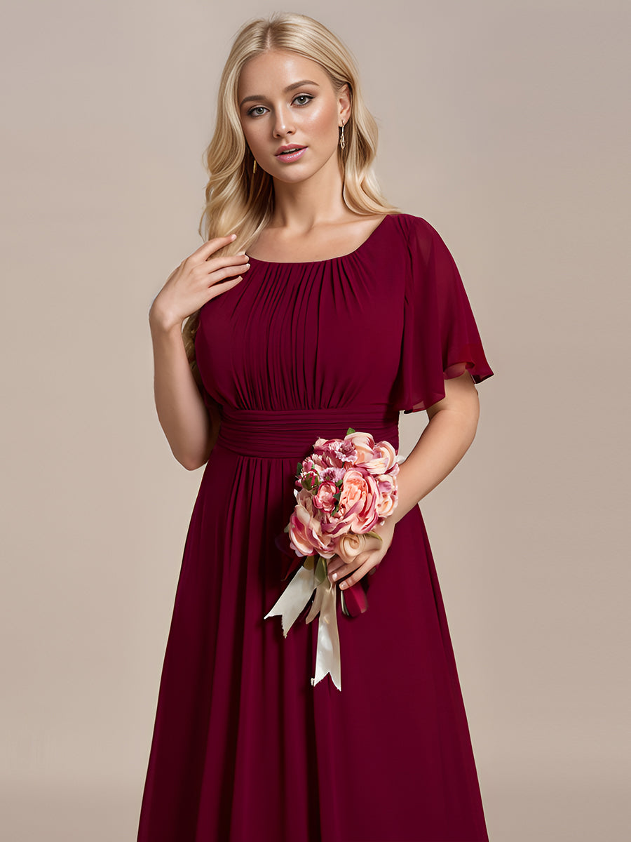Color=Burgundy | Round Neck Pleated Wholesale Bridesmaid Dresses-Burgundy 3