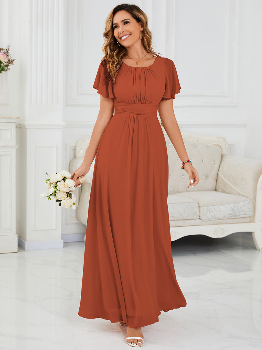 Color=Burnt Orange | Wholesale Pricing Ruffle Sleeve Chiffon A-Line Round Neck Bridesmaid Dresses-Burnt Orange 3