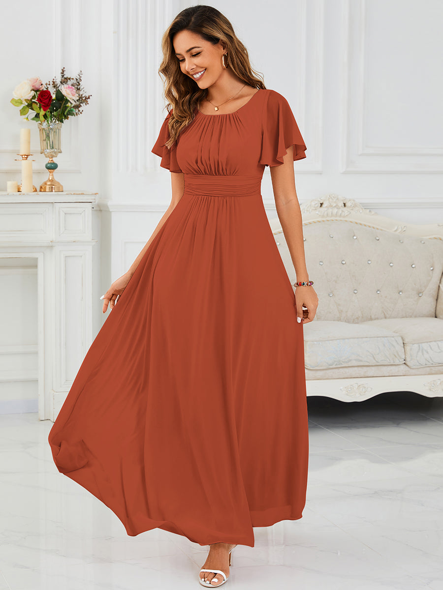 Color=Burnt Orange | Wholesale Pricing Ruffle Sleeve Chiffon A-Line Round Neck Bridesmaid Dresses-Burnt Orange 4