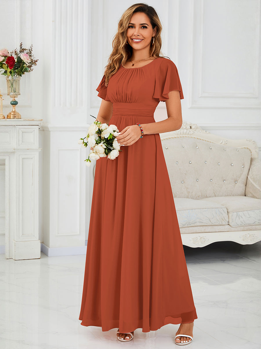 Color=Burnt Orange | Wholesale Pricing Ruffle Sleeve Chiffon A-Line Round Neck Bridesmaid Dresses-Burnt Orange 1