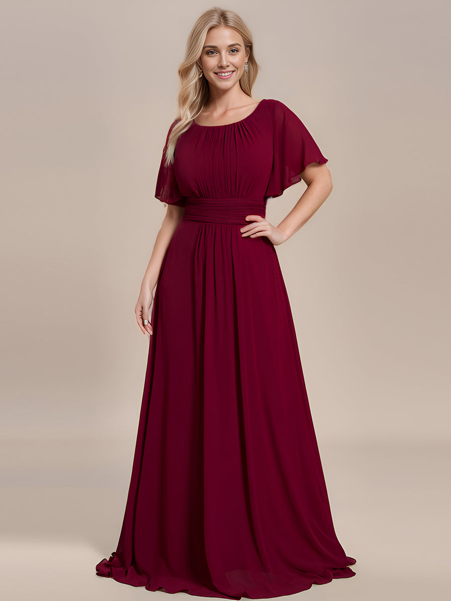 Color=Burgundy | Bulk Order Short Sleeve Ruffle Pleated A-Line Floor Length Dress | Bridesmaid Dresses-Burgundy 1
