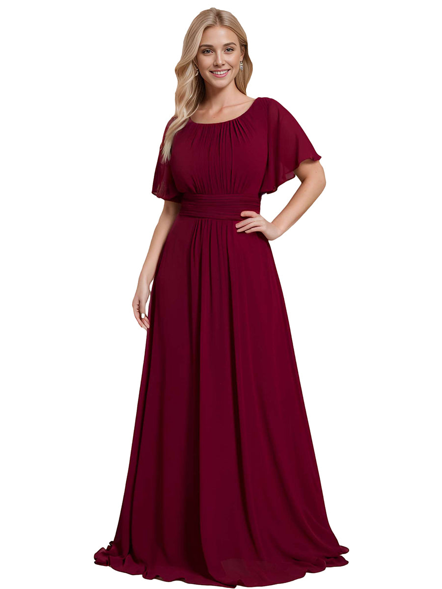 Color=Burgundy | Bulk Order Short Sleeve Ruffle Pleated A-Line Floor Length Dress | Bridesmaid Dresses-Burgundy 2