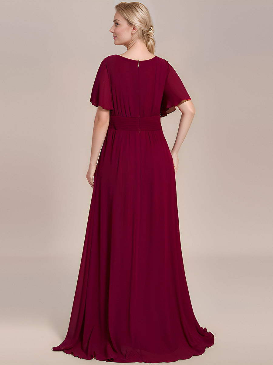 Color=Burgundy | Bulk Order Short Sleeve Ruffle Pleated A-Line Floor Length Dress | Bridesmaid Dresses-Burgundy 8