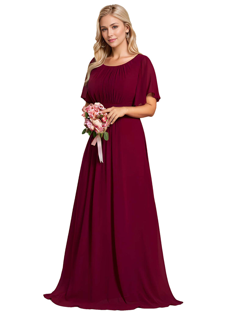 Color=Burgundy | Bulk Order Short Sleeve Ruffle Pleated A-Line Floor Length Dress | Bridesmaid Dresses-Burgundy 12