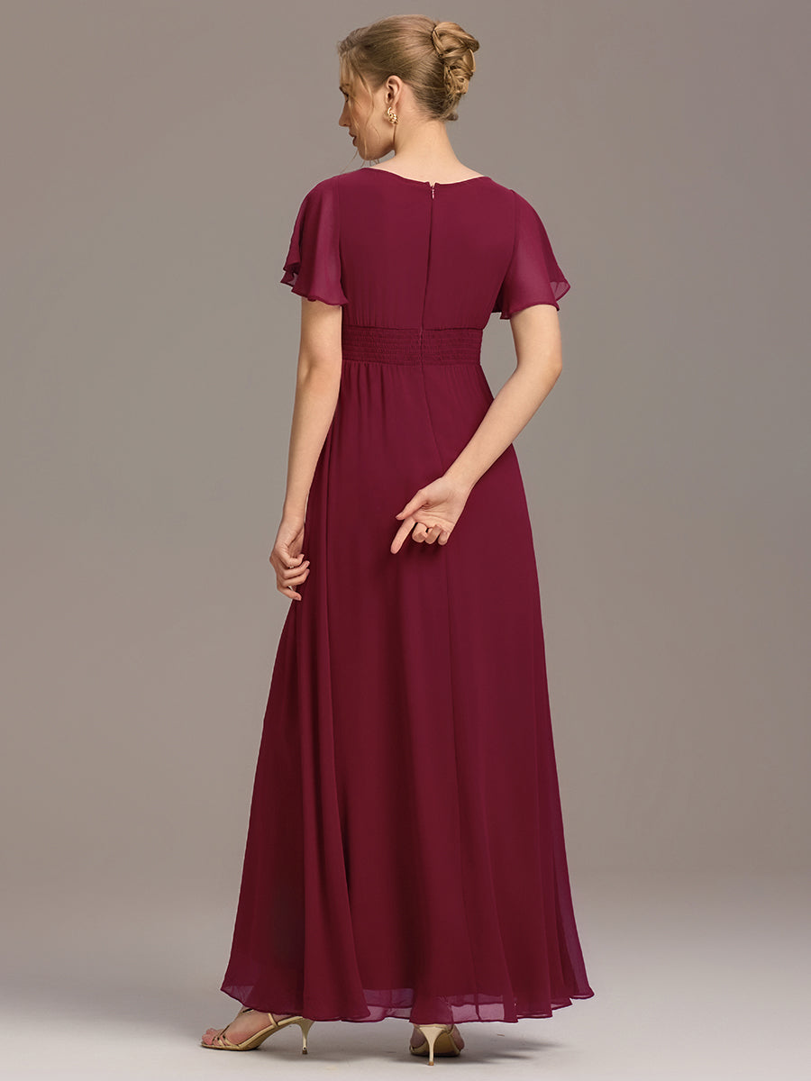 Color=Burgundy | Bulk Order Short Sleeve Ruffle Pleated A-Line Floor Length Dress | Bridesmaid Dresses-Burgundy 14