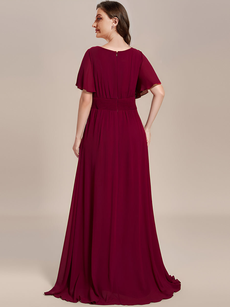 Color=Burgundy | Bulk Order Short Sleeve Ruffle Pleated A-Line Floor Length Dress | Bridesmaid Dresses-Burgundy 3