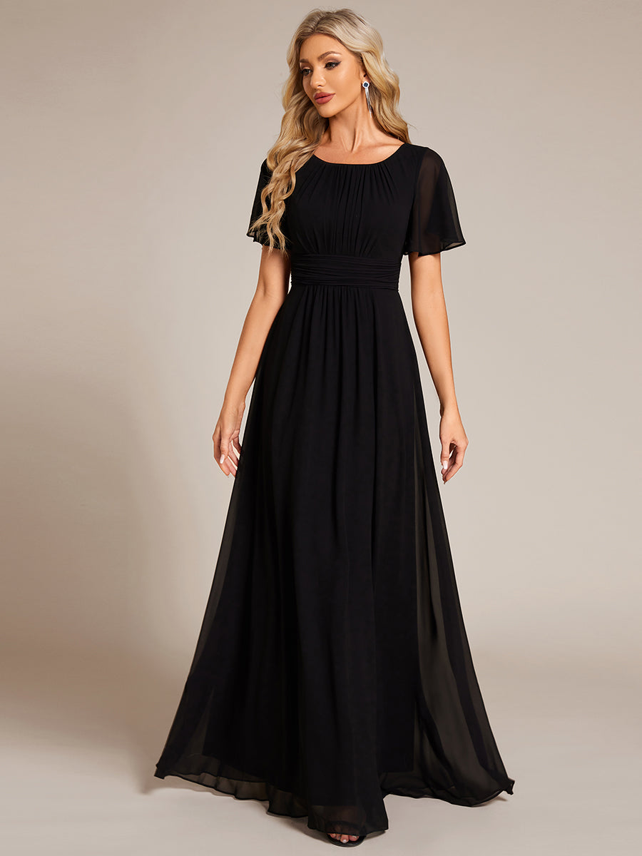 Color=Black | Bulk Order Short Sleeve Ruffle Pleated A-Line Floor Length Dress | Bridesmaid Dresses-Black 1