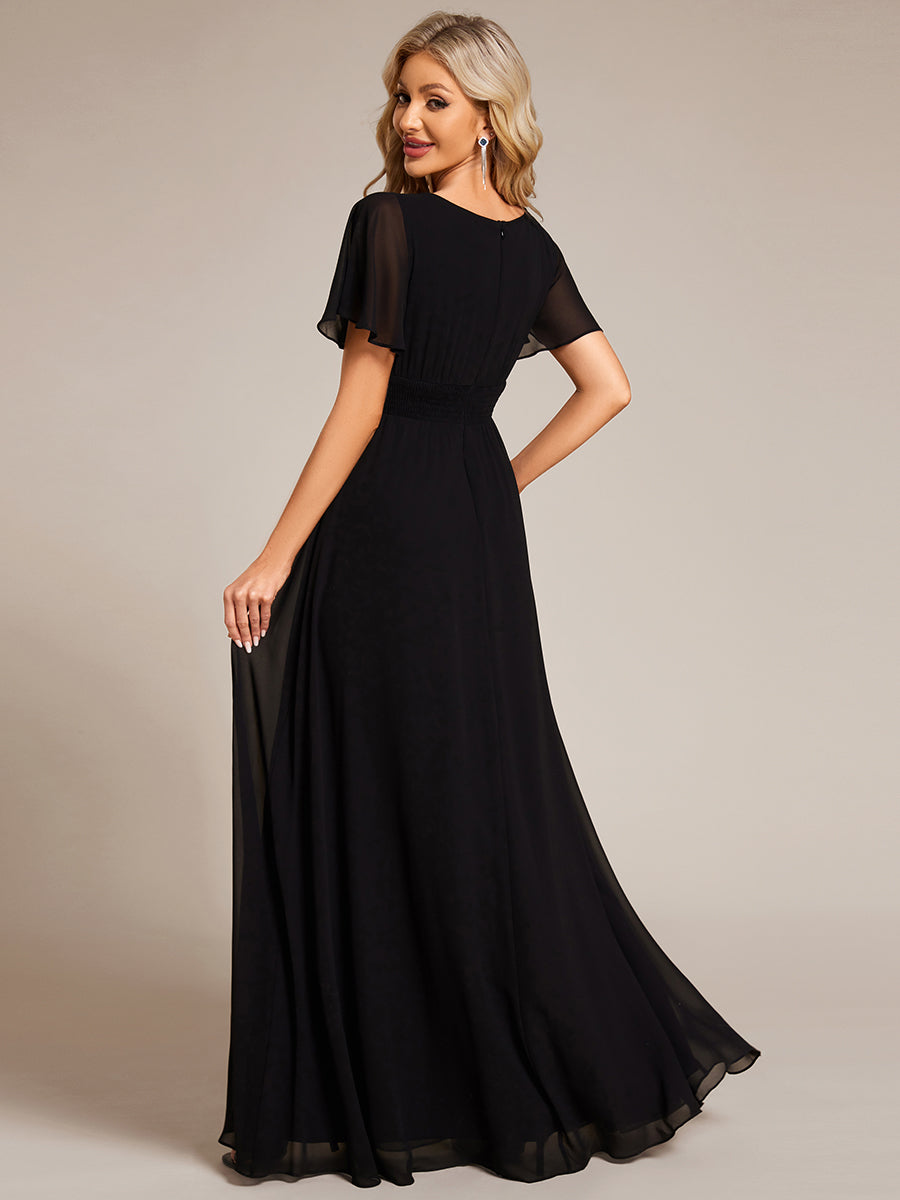 Color=Black | Bulk Order Short Sleeve Ruffle Pleated A-Line Floor Length Dress | Bridesmaid Dresses-Black 2