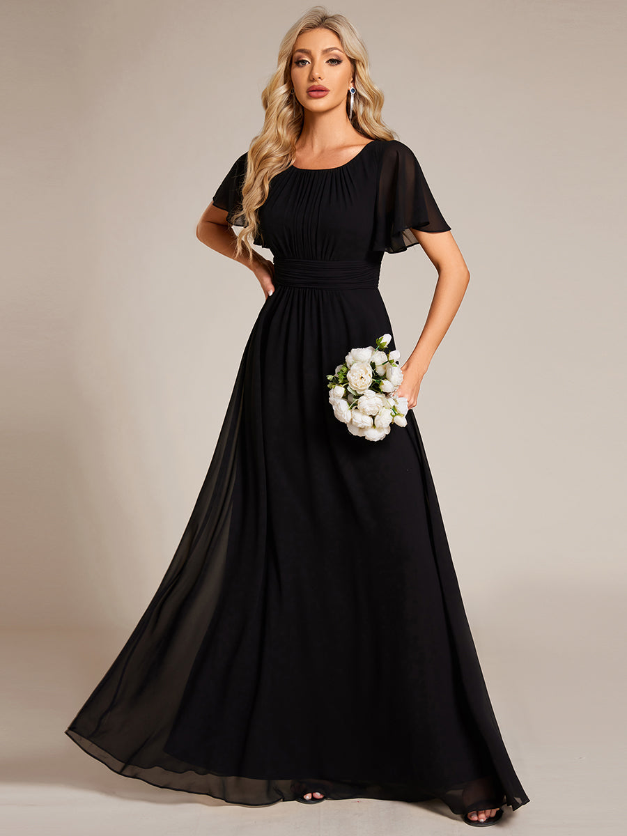 Color=Black | Bulk Order Short Sleeve Ruffle Pleated A-Line Floor Length Dress | Bridesmaid Dresses-Black 4