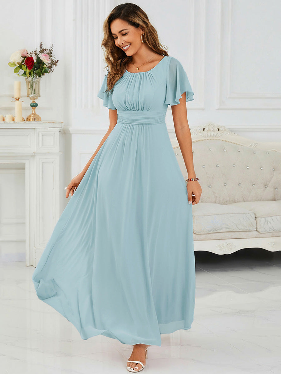 Color=Blue | Bulk Order Short Sleeve Ruffle Pleated A-Line Floor Length Dress | Bridesmaid Dresses-Blue 4