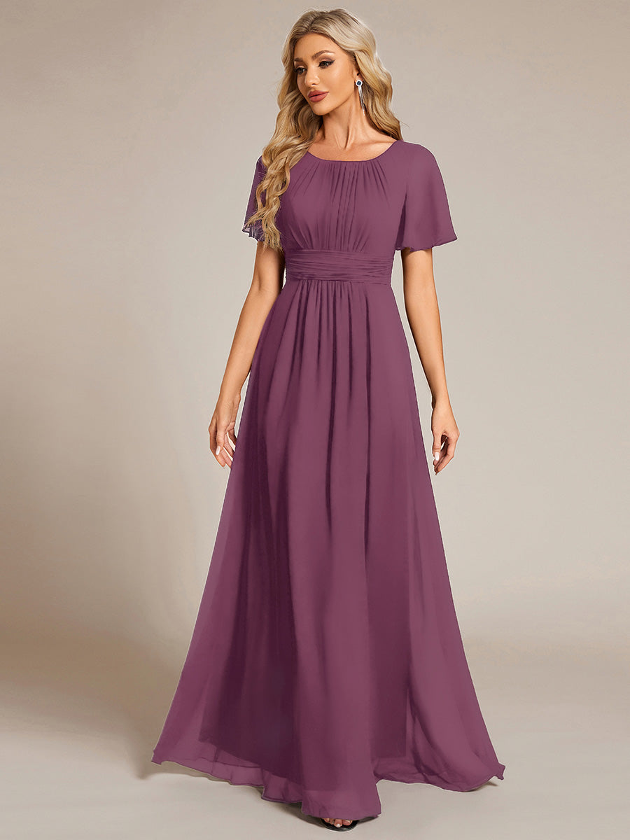 Color=Damson | Bulk Order Short Sleeve Ruffle Pleated A-Line Floor Length Dress | Bridesmaid Dresses-Damson 1