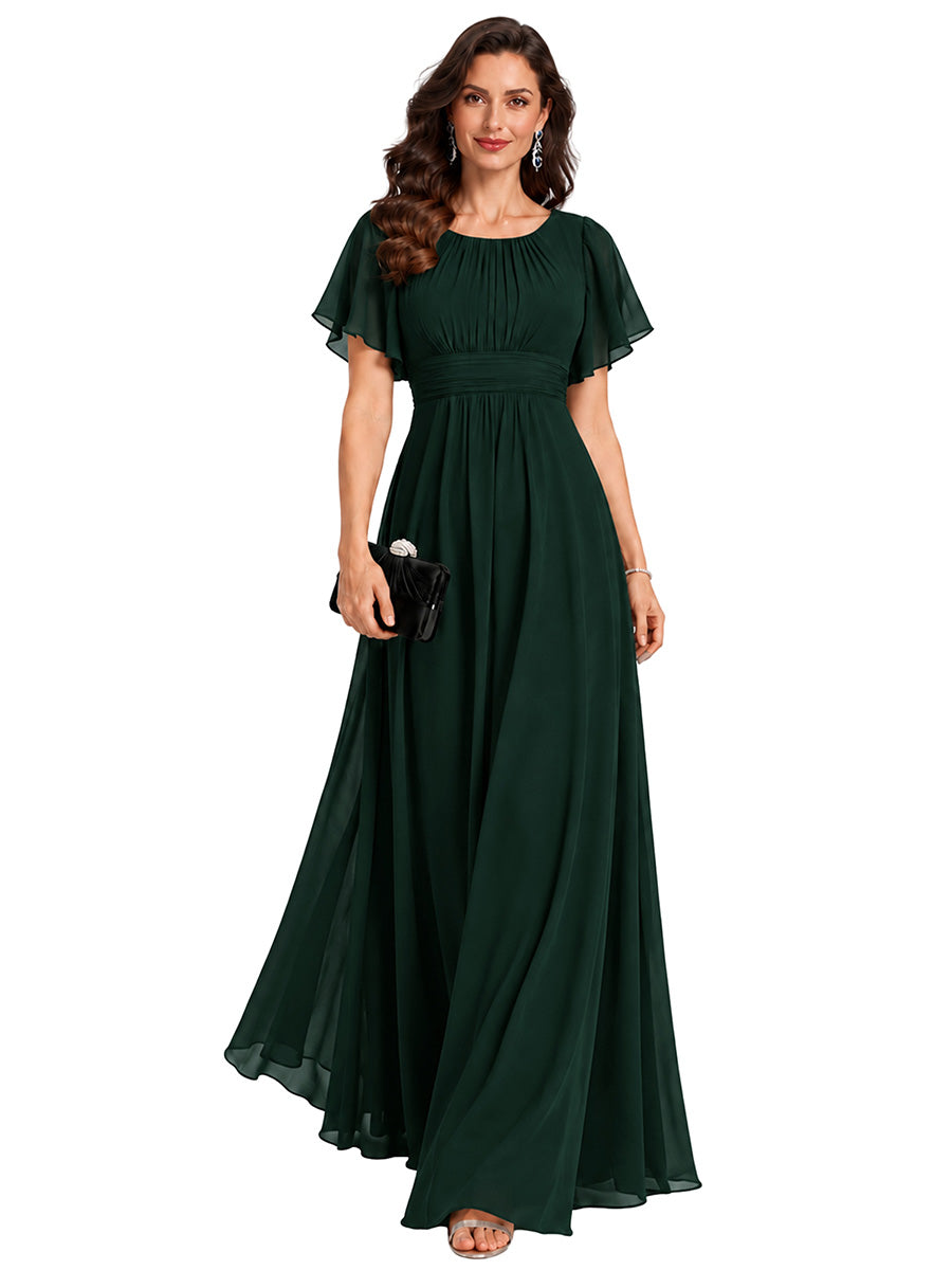 Color=Dark Forest Green | ES01846EF | Wholesale Pricing Ruffle Sleeve Chiffon A-Line Round Neck Bridesmaid Dresses