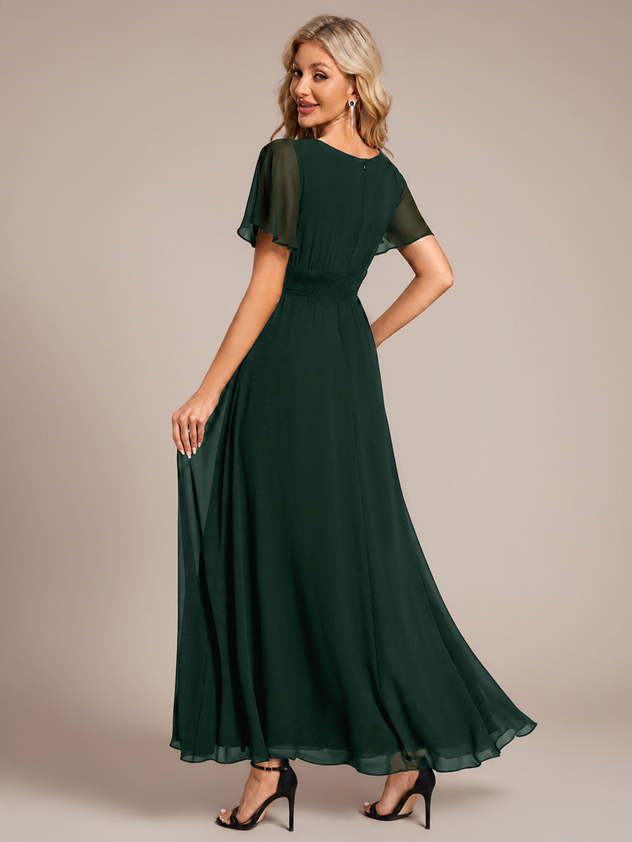 Color=Dark Forest Green | ES01846EF | Wholesale Pricing Ruffle Sleeve Chiffon A-Line Round Neck Bridesmaid Dresses