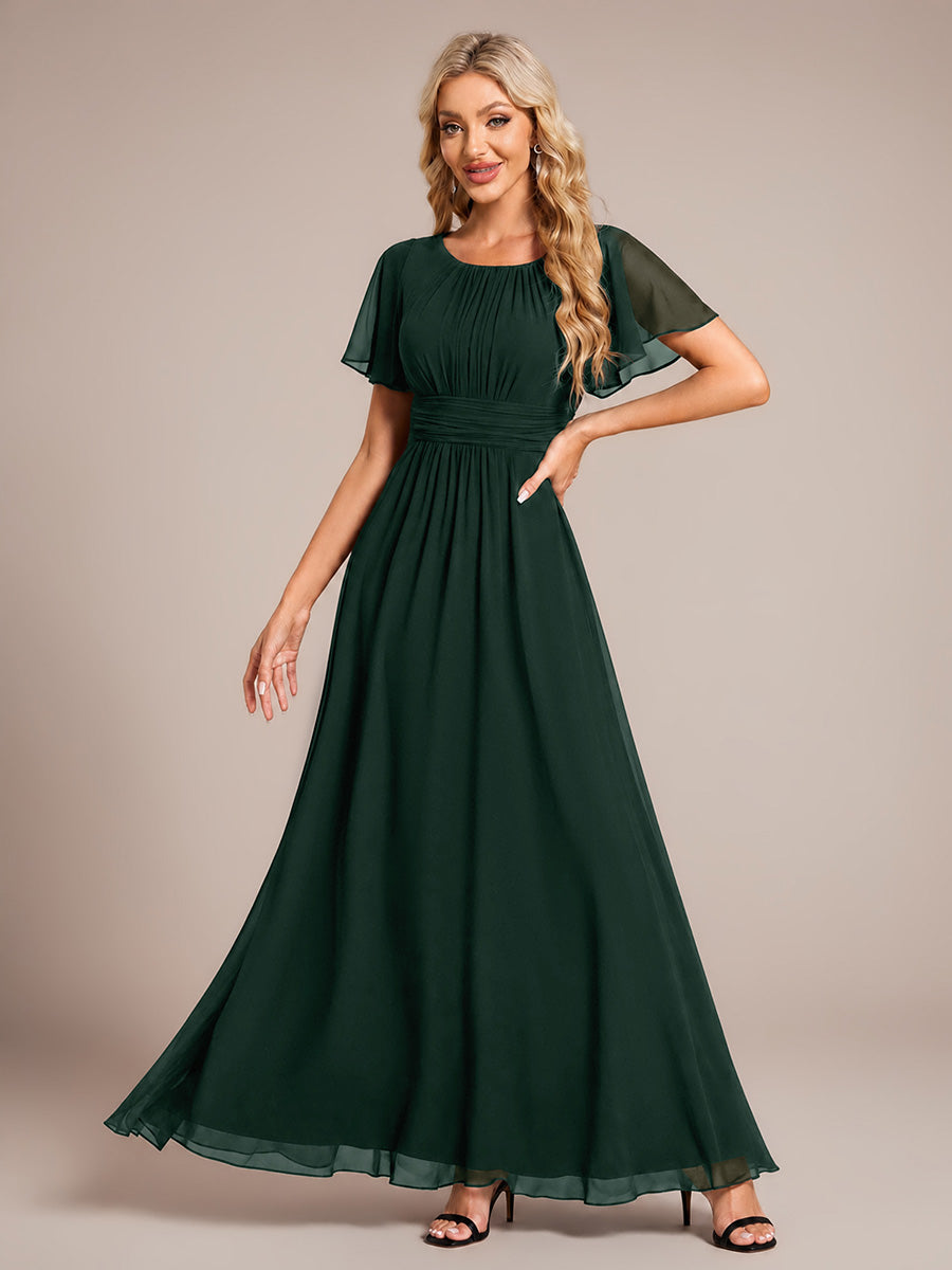 Color=Dark Forest Green | ES01846EF | Wholesale Pricing Ruffle Sleeve Chiffon A-Line Round Neck Bridesmaid Dresses