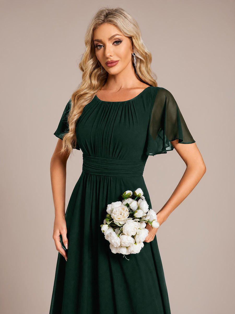 Color=Dark Forest Green | ES01846EF | Wholesale Pricing Ruffle Sleeve Chiffon A-Line Round Neck Bridesmaid Dresses