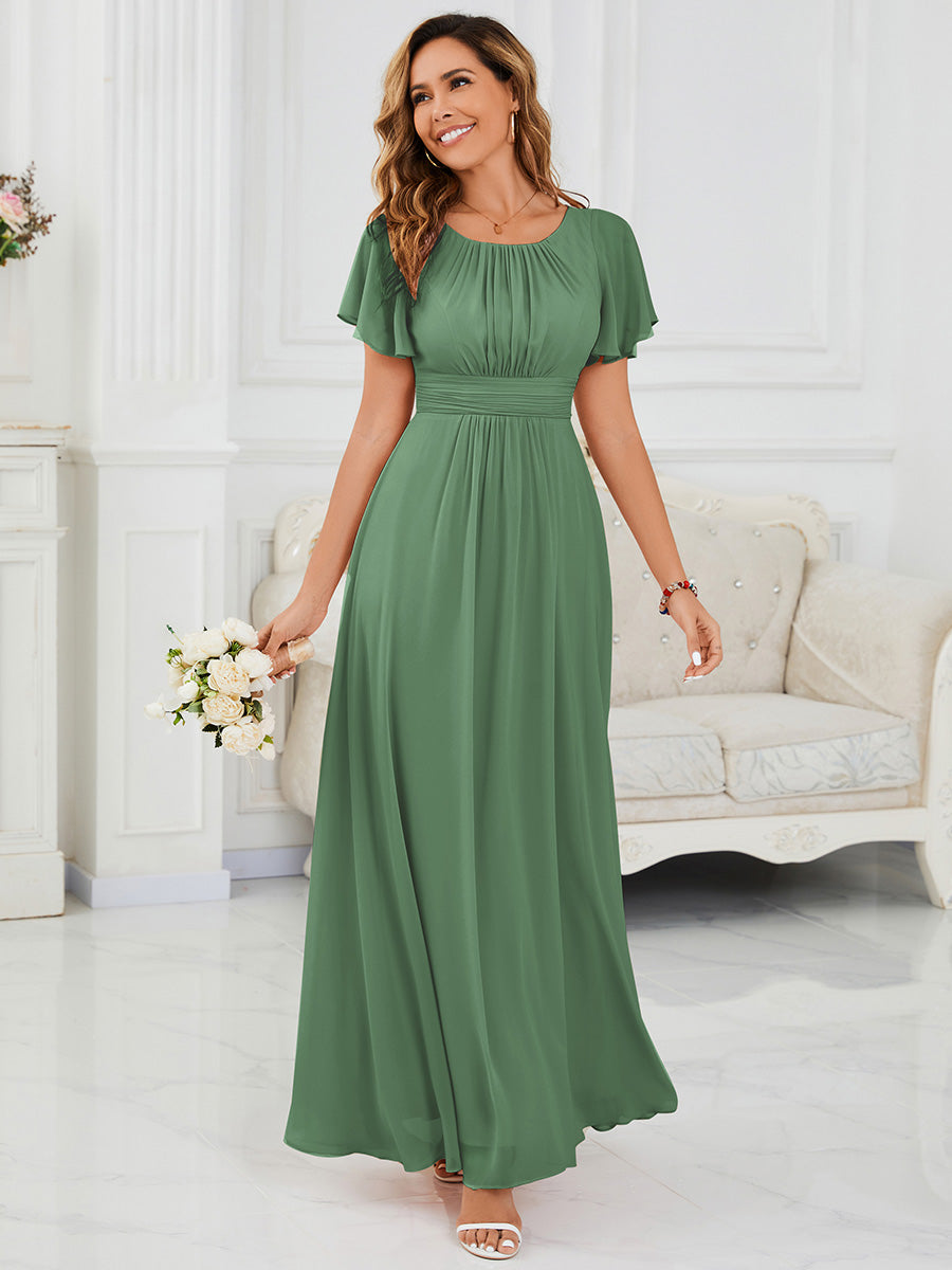 Color=Moss Green | Bulk Order Short Sleeve Ruffle Pleated A-Line Floor Length Dress | Bridesmaid Dresses-Moss Green 4