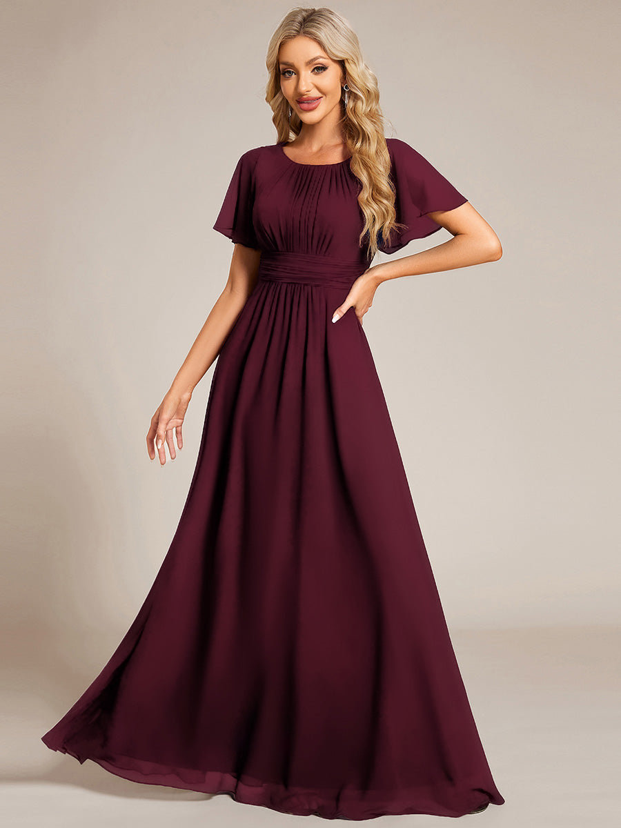 Color=Mulberry | Bulk Order Short Sleeve Ruffle Pleated A-Line Floor Length Dress | Bridesmaid Dresses-Mulberry 3