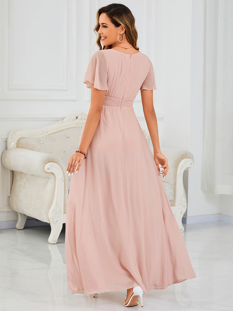 Color=Pink | Bulk Order Short Sleeve Ruffle Pleated A-Line Floor Length Dress | Bridesmaid Dresses-Pink 2