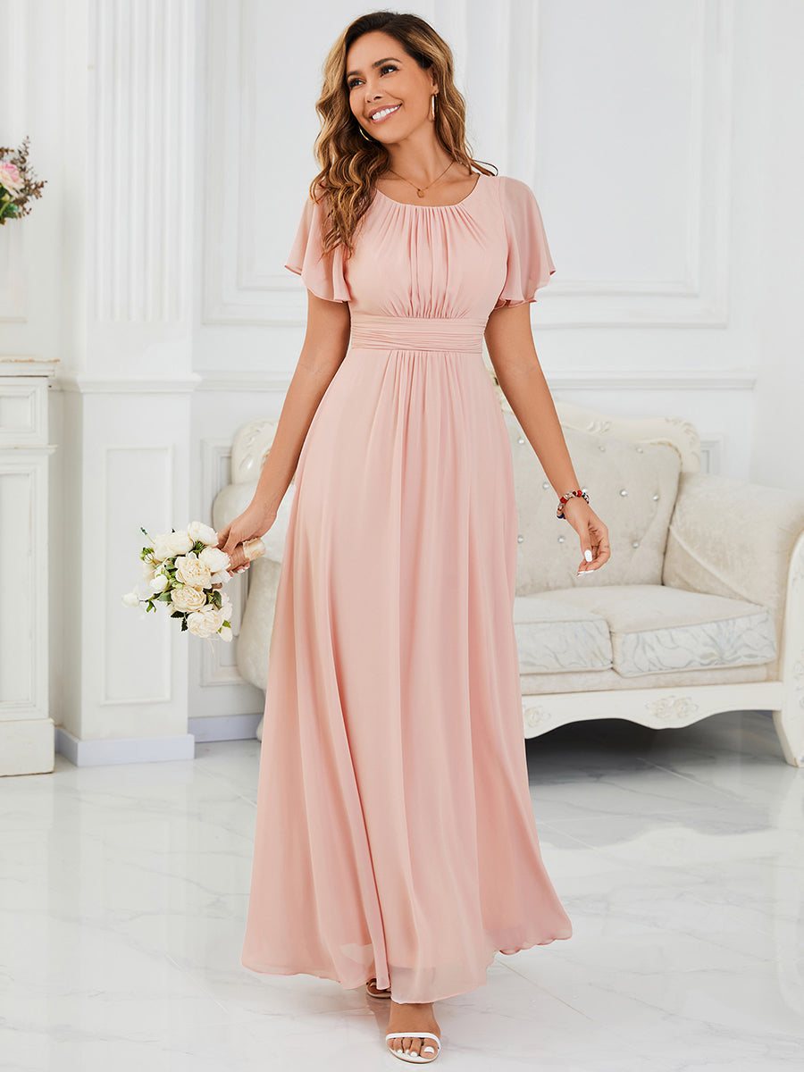 Color=Pink | Bulk Order Short Sleeve Ruffle Pleated A-Line Floor Length Dress | Bridesmaid Dresses-Pink 3