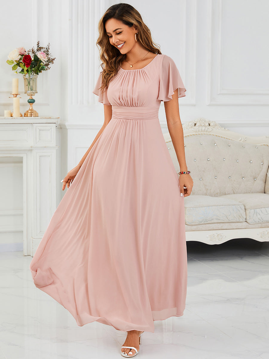 Color=Pink | Bulk Order Short Sleeve Ruffle Pleated A-Line Floor Length Dress | Bridesmaid Dresses-Pink 4