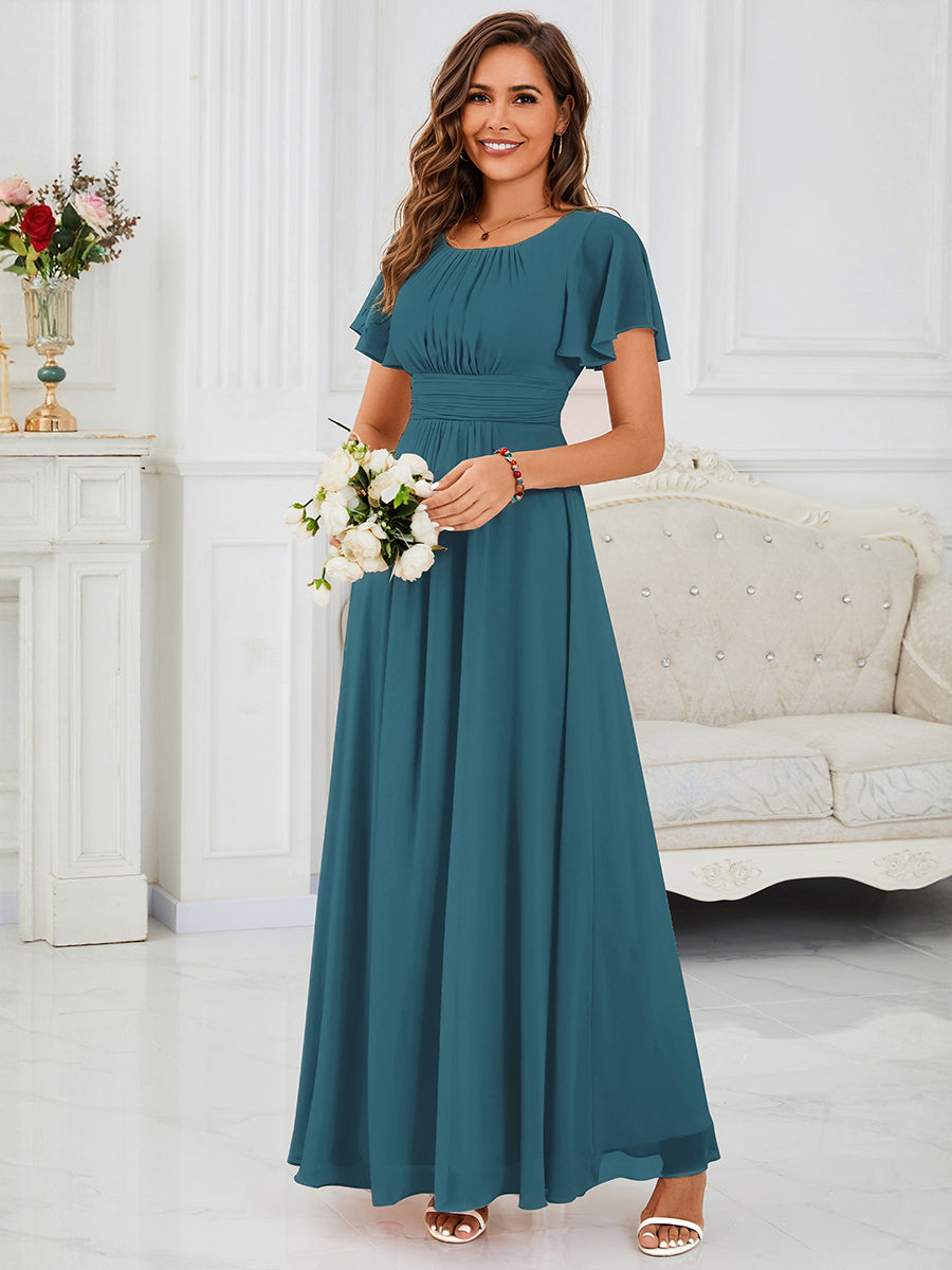 Color=Teal | Factory Design Short Sleeve Ruffle Pleated A-Line Floor Length Bridesmaid Dresses-Teal 20