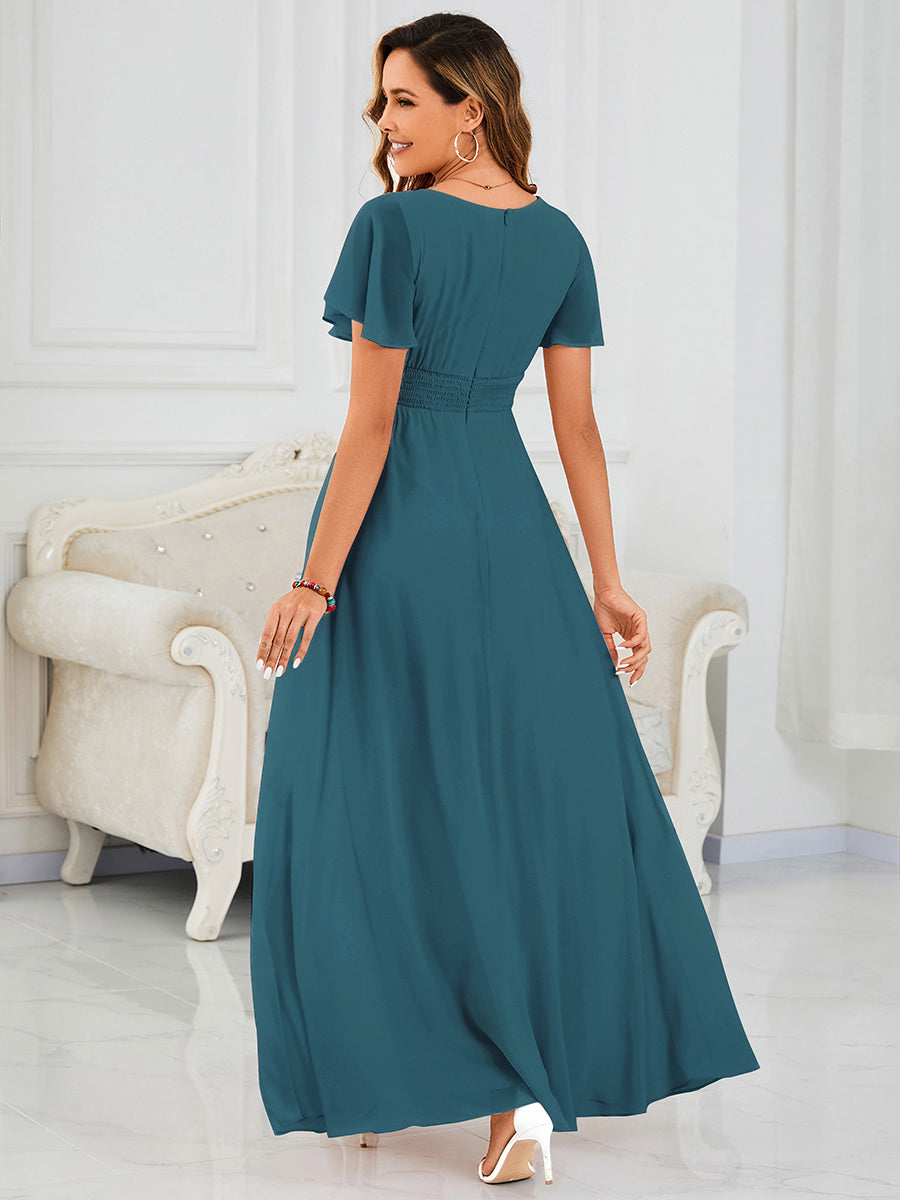 Color=Teal | Factory Design Short Sleeve Ruffle Pleated A-Line Floor Length Bridesmaid Dresses-Teal 21